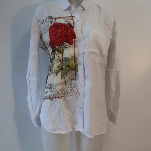 NWT Womens The Nu Vintage White Rose Button Down Shirt Sz L - Picture 2 of 8